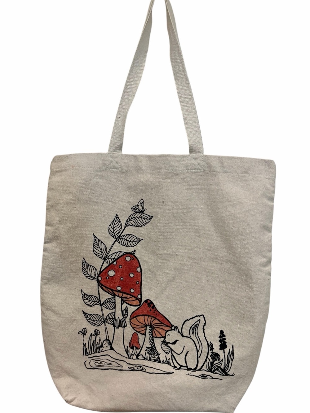 Canvas Tote Bag shopping bag with Red Mushroom & Squirrel Graphic